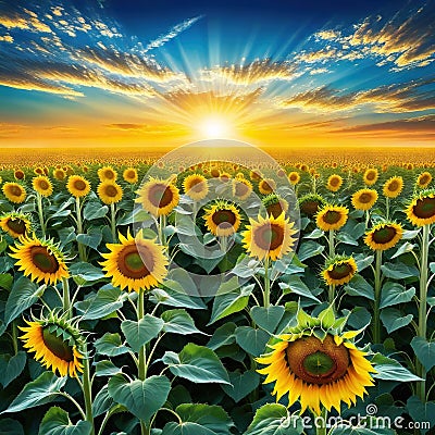 painting of field of sunflowers with a Cartoon Illustration