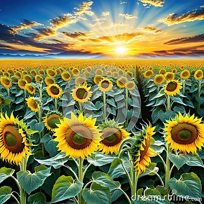 painting of field of sunflowers with a Cartoon Illustration