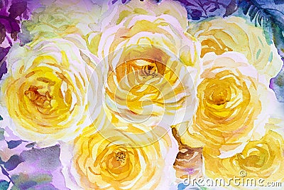Painting flora art watercolor original illustration yellow color of roses. Cartoon Illustration