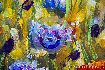 Painting flower modern colorful wild flowers canvas abstract close paint impasto oil Stock Photo