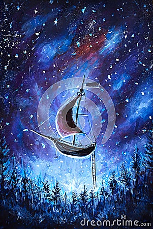 Painting Flying an old pirate ship. Sea ship is flying above starry sky. A fairy tale, a dream. Peter Pan. Illustration. Postcard. Stock Photo