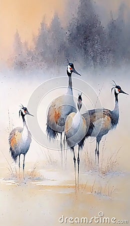 a painting of four birds standing in a field of snow. generative ai Stock Photo