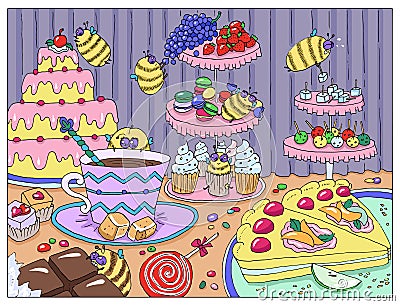 Painting with funny bees in sweetshop Vector Illustration