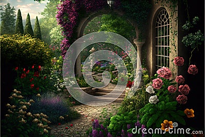 a painting of a garden with a pathway leading to a building with a garden archway and flowers growing all around Stock Photo