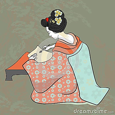 Painting Geisha ancient Japan classical Japanese woman ancient style of drawing. Beautiful japanese geisha girl Vector Illustration