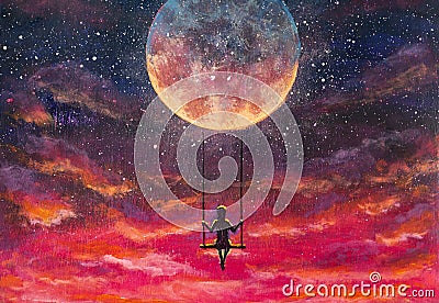 Painting Girl guy rides on swing in sky against background of beautiful purple pink sunset and starry sky Cartoon Illustration