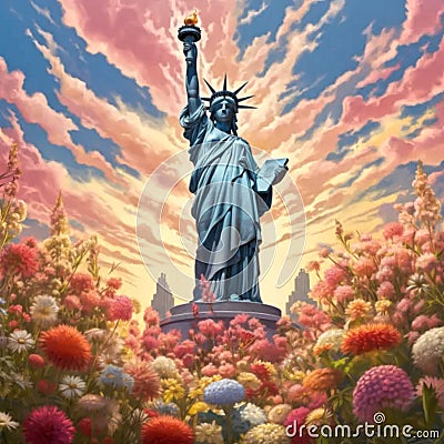 painting Goddess of America's Statue of Peace Standing in a bea of Peace Standing in a beautiful fairytale flower garden Stock Photo