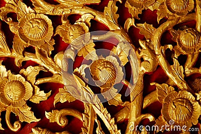 Painting golden flower and red background local ornament carving wooden with Thai style design Stock Photo