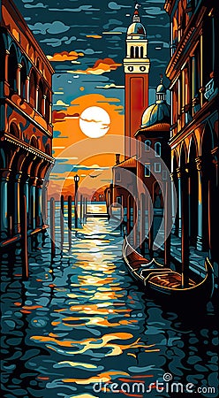 A painting of a gondola on a canal at sunset. Generative AI image. Stock Photo