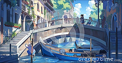 A painting of a gondola going under a bridge. AI generative image. Stock Photo