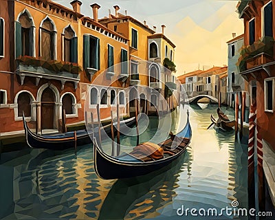A painting of a gondola in the middle of a canal. Beautiful picture of city on water. Stock Photo