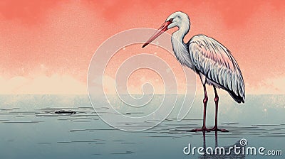 White Stork Standing On Soft Water: Editorial Illustration With Risograph Texture Cartoon Illustration