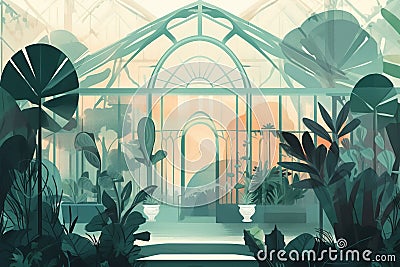a painting of a greenhouse filled with lots of green plants Stock Photo
