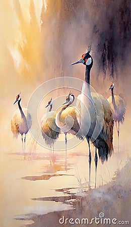 a painting of a group of birds standing in the water. generative ai Stock Photo