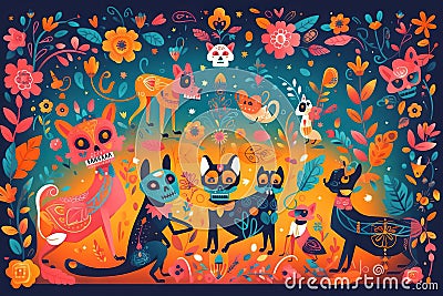 a painting of a group of cats in a field of flowers Stock Photo