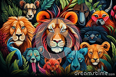 a painting of a group of lions and other animals in the jungle Stock Photo