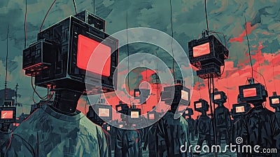 A painting of a group of people with television sets for heads standing in a field Stock Photo