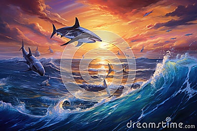 Painting of Group of Sharks in Ocean, A pod of dolphins joyfully leaping over ocean waves under the twilight sky, AI Generated Stock Photo