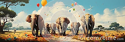 A painting of a herd of elephants walking across a field Stock Photo