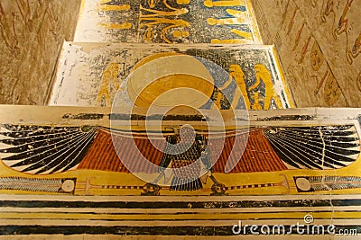 Painting found in the tomb of King Tut in the Valley of the Kings in Luxor, Egypt Stock Photo