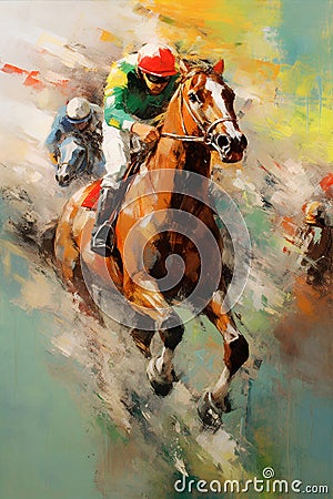 painting of horse racing and jockeys, suitable for wall painting Stock Photo