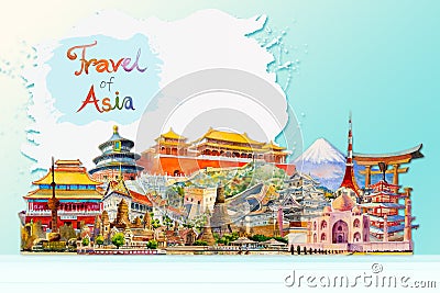 Painting illustration, landmark of Asia on blue background Cartoon Illustration