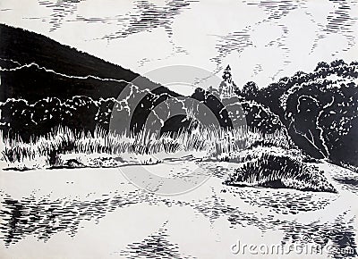 Painting ink by brush on a white background paper. Cartoon Illustration