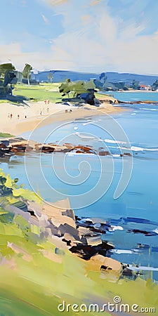 Sunny Shores Beach: A Vibrant Brushstroke-intensive Australian Landscape Painting Stock Photo
