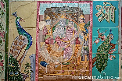 Painting on Japanese Tiles; Lord Ram with Sita and Hanuman; Ram Mandir Editorial Stock Photo