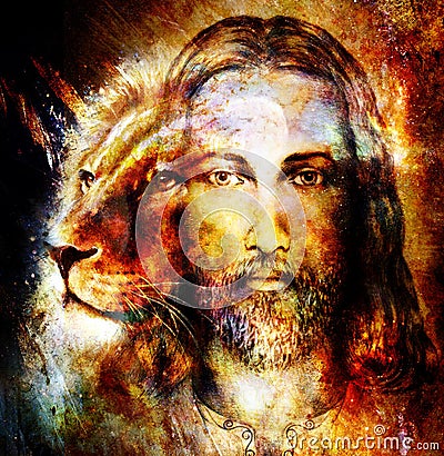 Painting of Jesus with a lion, on beautiful colorful background with hint of space feeling, lion profile portrait. Stock Photo