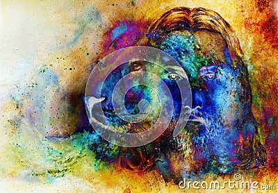 Painting of Jesus with a lion, on beautiful colorful background with hint of space feeling, lion profile portrait. Stock Photo