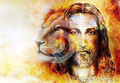 Painting of Jesus with a lion, on beautiful colorful background with hint of space feeling, lion profile portrait. Stock Photo