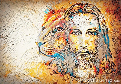 painting of Jesus with a lion, on beautiful colorful background with hint of space feeling, lion profile portrait. Stock Photo