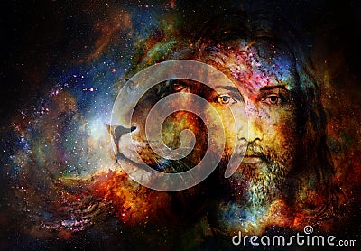 Painting of Jesus with a lion in cosimc space, eye contact and lion profile portrait. Stock Photo