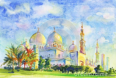 Painting Jumeirah Mosque. Hand drawn muslim sight. Watercolor arabian illustration Cartoon Illustration