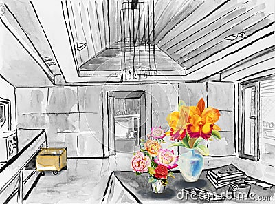 Painting kitchen in home. Cartoon Illustration