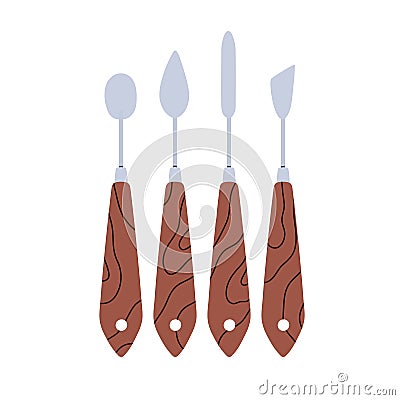 Painting knives, artists tools with metal steel blades and wood handle set. Art supplies of different shape for drawing Vector Illustration