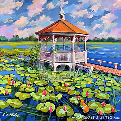 Lakeside gazebo surrounded by water lilies., Painting Stock Photo