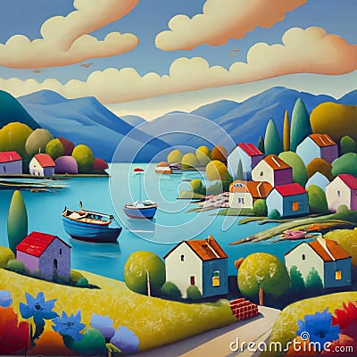 Lakeside village with charming houses and boats., painting Stock Photo