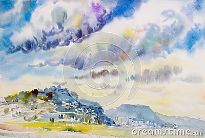 Painting landscape colorful of Rain clouds on mountain. Stock Photo