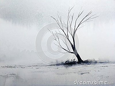 painting landscape lonely dead tree in the winter season. Stock Photo