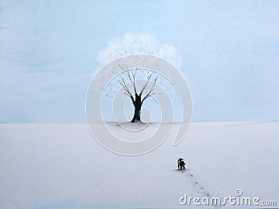 Painting landscape lonely man walking through snow to the great tree in winter season. Stock Photo