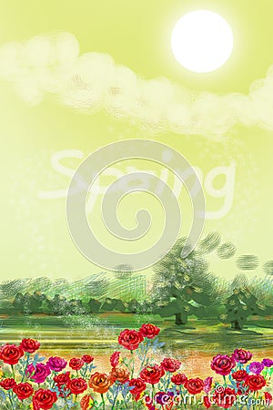 Painting landscape watercolor happy spring, flowers of roses. Cartoon Illustration