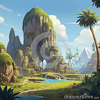 a painting of a landscape with a waterfall and a river with palm trees Jurassic Jungle Jamboree Stock Photo