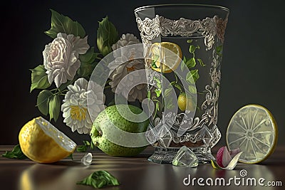 Lemonade in a glass on a dark background. 3d illustration Stock Photo