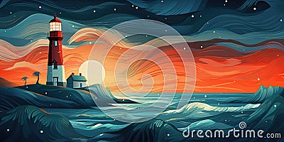A painting of a lighthouse in the middle of the ocean Stock Photo