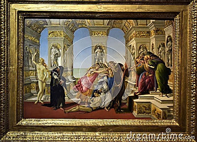 Painting located in the Uffizi museum in Florence, depicting a very intense scene set inside a temple. Editorial Stock Photo