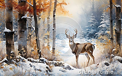 Painting of a lone deer in an autumnal forest. Guardian of the woods. Stock Photo