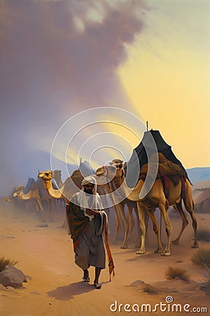 A painting of a man leading a herd of camels. Generative AI image. Stock Photo