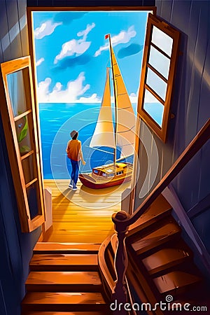 Painting of man standing in doorway looking out at sailboat. Generative AI Stock Photo